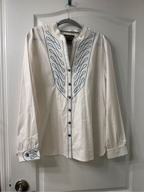 Bob Mackie Cream Button-Down Shirt with Navy Embroidery
